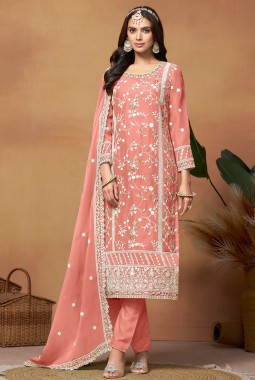 Peach Soft Organza Sequins Embroidered Casual Salwar Kameez