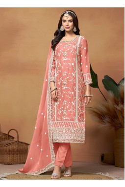 Peach Soft Organza Sequins Embroidered Casual Salwar Kameez