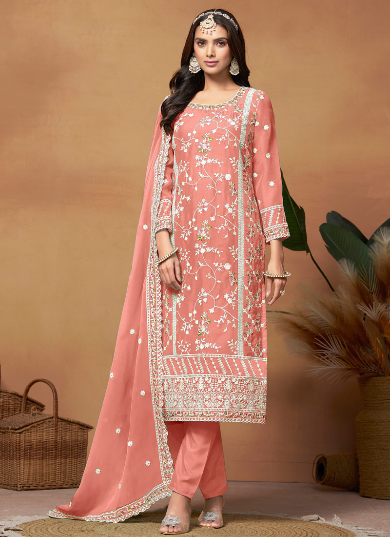 Peach Soft Organza Sequins Embroidered Casual Salwar Kameez