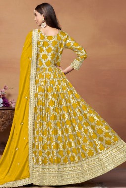 Yellow Dola Jacquard Foil Print Wedding Salwar Kameez