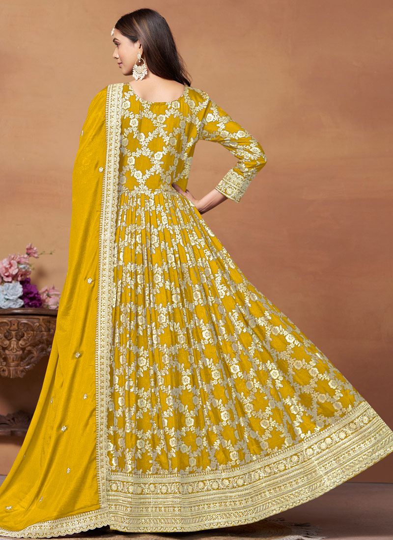 Yellow Dola Jacquard Foil Print Wedding Salwar Kameez