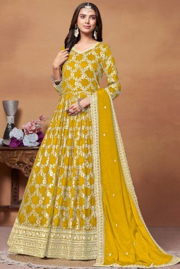 Yellow Dola Jacquard Foil Print Wedding Salwar Kameez