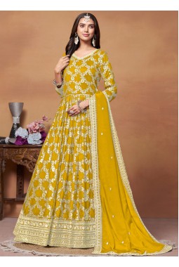Yellow Dola Jacquard Foil Print Wedding Salwar Kameez