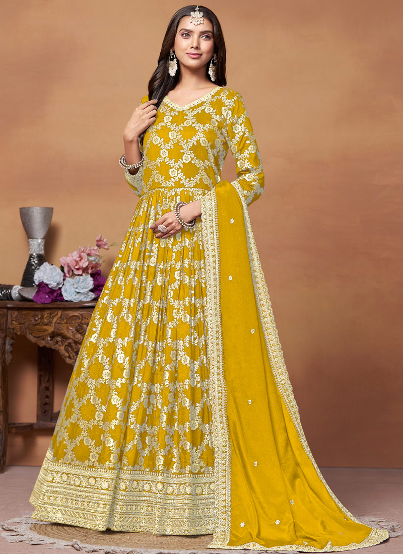 Yellow Dola Jacquard Foil Print Wedding Salwar Kameez