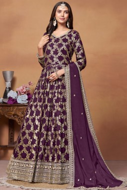 Purple Dola Jacquard Zari Embroidered Wedding Salwar Kameez