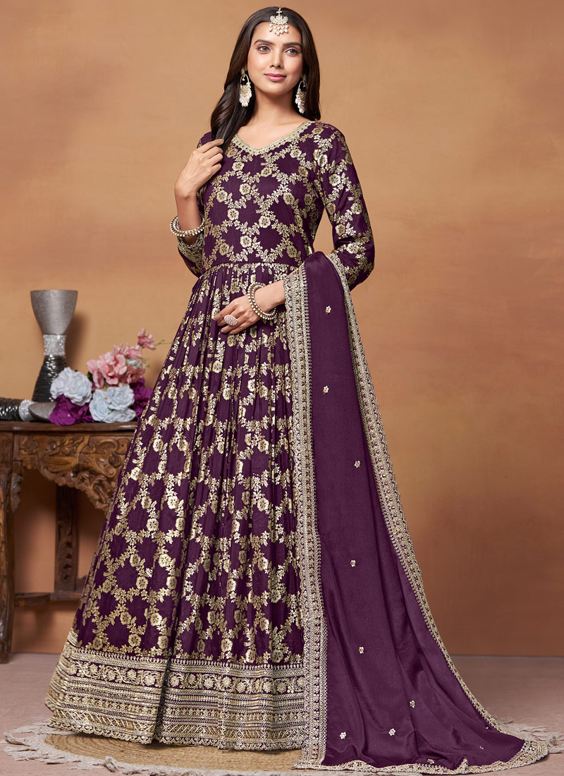 Purple Dola Jacquard Zari Embroidered Wedding Salwar Kameez