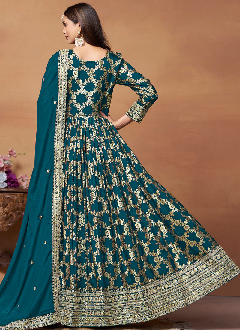 Blue Dola Jacquard Foil Print Wedding Salwar Kameez