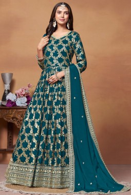 Blue Dola Jacquard Foil Print Wedding Salwar Kameez