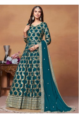Blue Dola Jacquard Foil Print Wedding Salwar Kameez