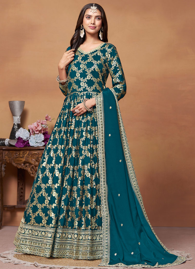 Blue Dola Jacquard Foil Print Wedding Salwar Kameez