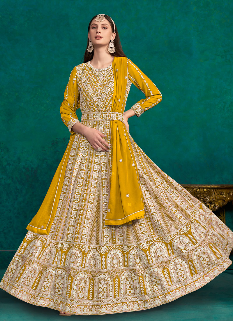 Yellow Faux Georgette Sequins Embroidered Casual Salwar Kameez