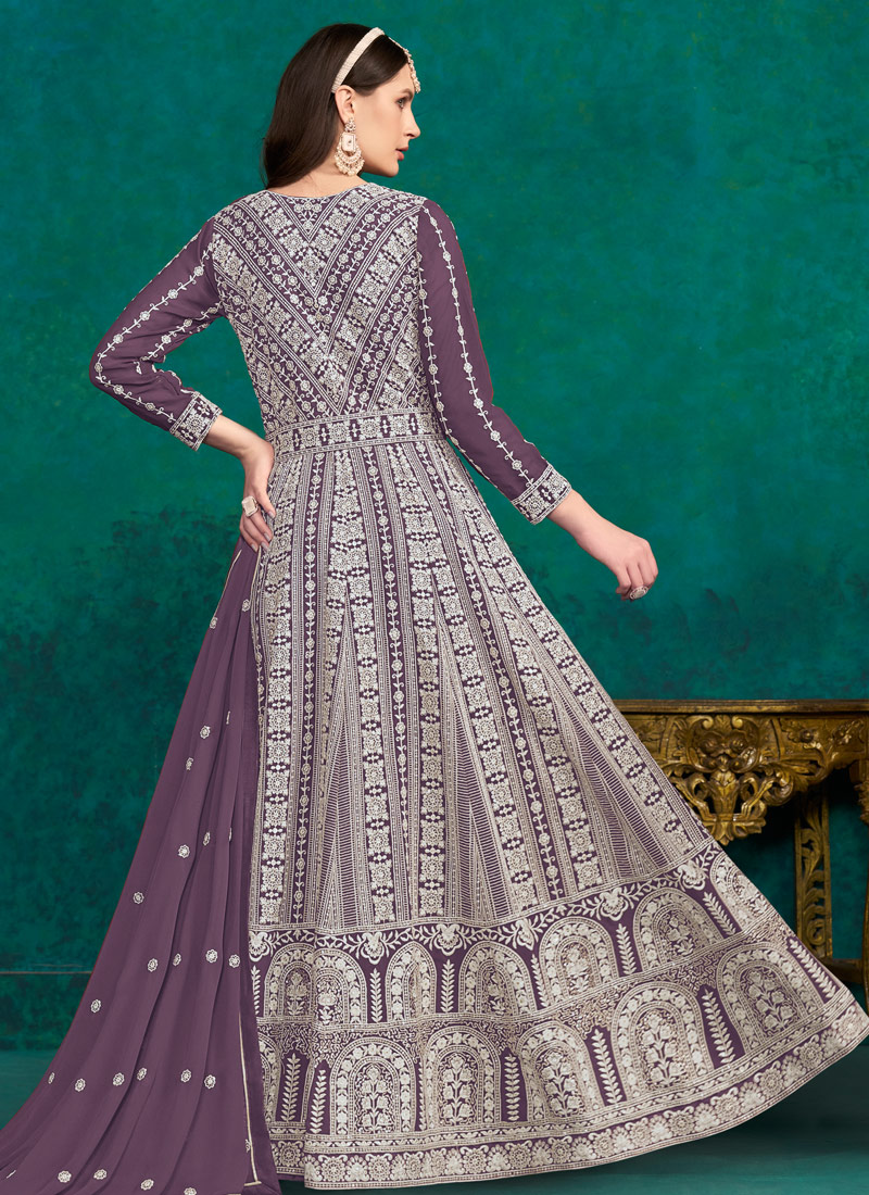 Lavender Faux Georgette Thread Embroidered Casual Salwar Kameez