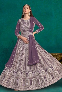 Lavender Faux Georgette Thread Embroidered Casual Salwar Kameez