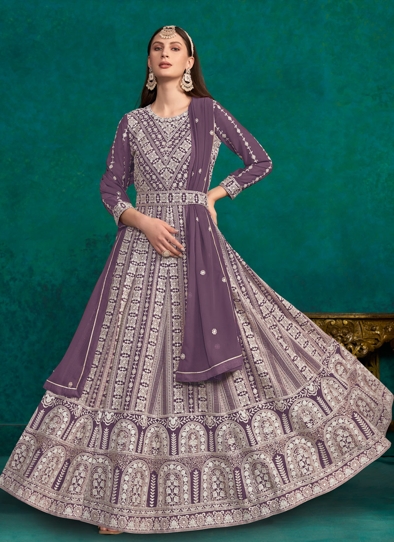 Lavender Faux Georgette Thread Embroidered Casual Salwar Kameez