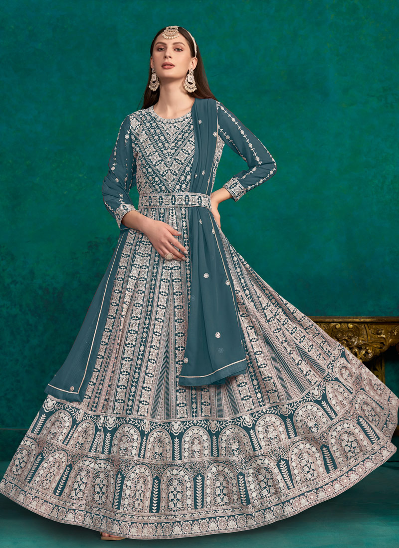 Blue Faux Georgette Sequins Embroidered Casual Salwar Kameez