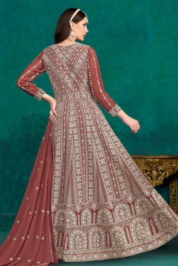 Brown Faux Georgette Thread Embroidered Casual Salwar Kameez