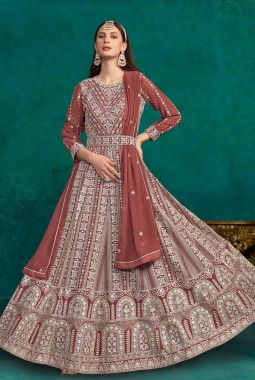 Brown Faux Georgette Thread Embroidered Casual Salwar Kameez