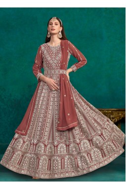 Brown Faux Georgette Thread Embroidered Casual Salwar Kameez