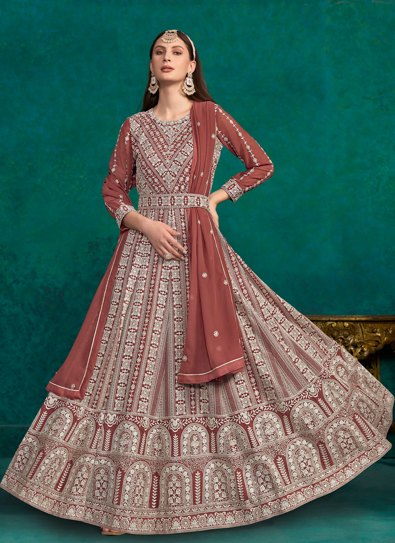 Brown Faux Georgette Thread Embroidered Casual Salwar Kameez