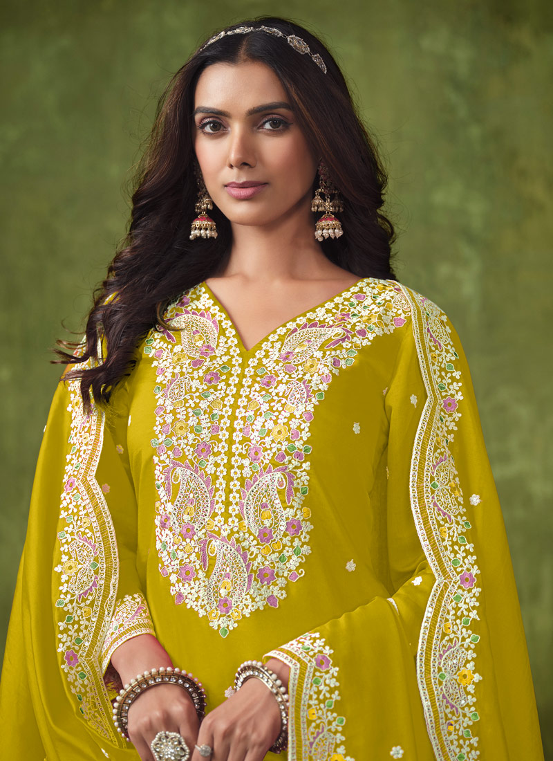 Yellow Roman Silk Embroidered Casual Salwar Kameez