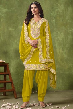 Yellow Roman Silk Embroidered Casual Salwar Kameez