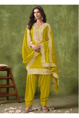 Yellow Roman Silk Embroidered Casual Salwar Kameez