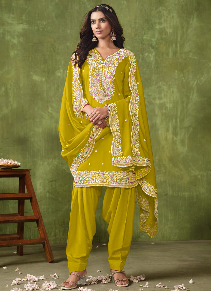 Yellow Roman Silk Embroidered Casual Salwar Kameez