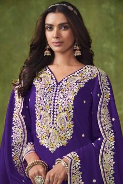 Purple Roman Silk Thread Embroidered Casual Salwar Kameez
