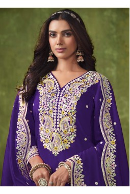 Purple Roman Silk Thread Embroidered Casual Salwar Kameez