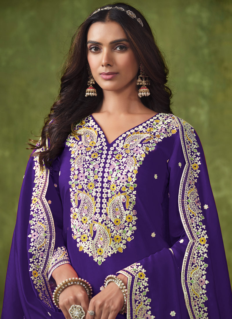 Purple Roman Silk Thread Embroidered Casual Salwar Kameez