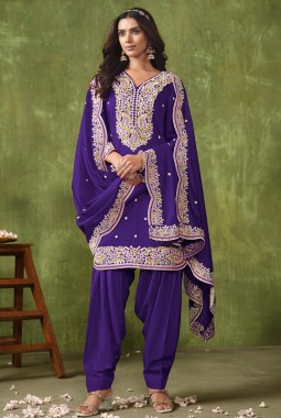 Purple Roman Silk Thread Embroidered Casual Salwar Kameez