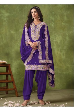 Purple Roman Silk Thread Embroidered Casual Salwar Kameez
