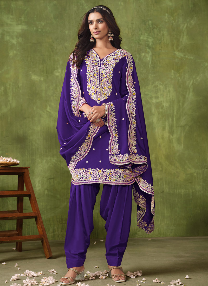 Purple Roman Silk Thread Embroidered Casual Salwar Kameez