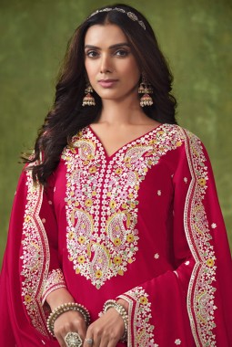 Red Roman Silk Thread Embroidered Casual Salwar Kameez
