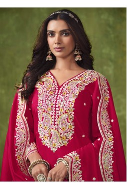 Red Roman Silk Thread Embroidered Casual Salwar Kameez