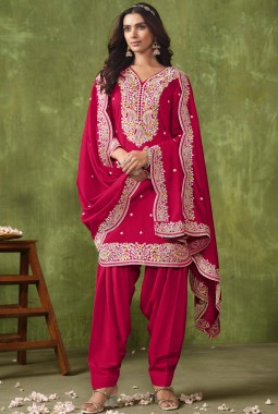 Red Roman Silk Thread Embroidered Casual Salwar Kameez
