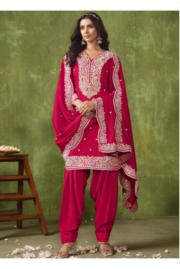 Red Roman Silk Thread Embroidered Casual Salwar Kameez