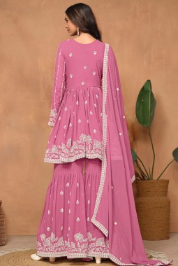 Pink Faux Georgette Thread Embroidered Casual Salwar Kameez