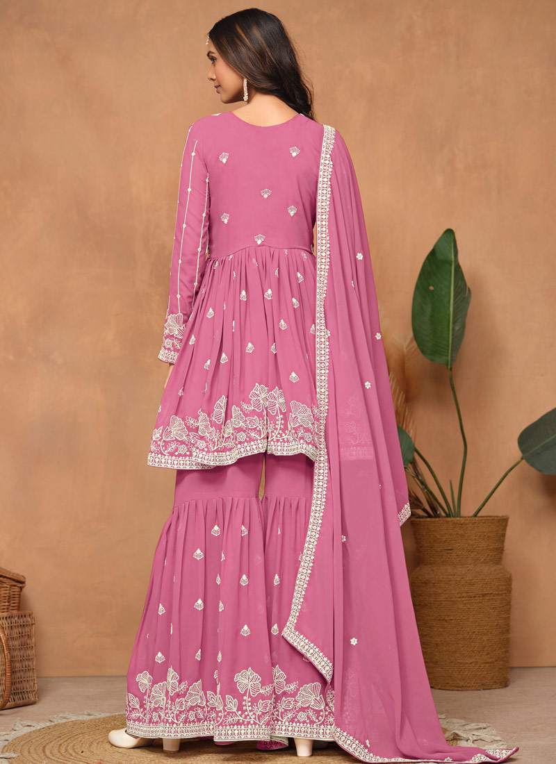 Pink Faux Georgette Thread Embroidered Casual Salwar Kameez