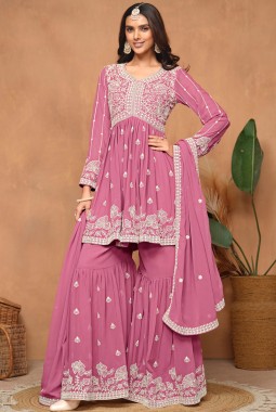 Pink Faux Georgette Thread Embroidered Casual Salwar Kameez