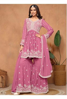 Pink Faux Georgette Thread Embroidered Casual Salwar Kameez
