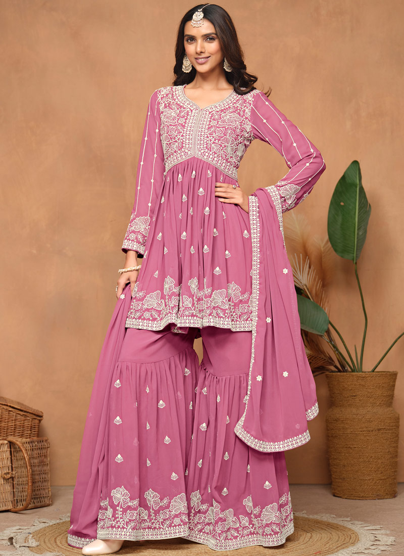 Pink Faux Georgette Thread Embroidered Casual Salwar Kameez