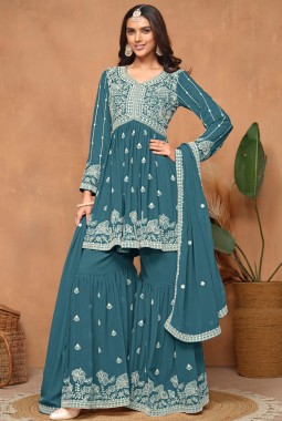 Azure Elegance Thread Embroidered Casual Salwar Kameez