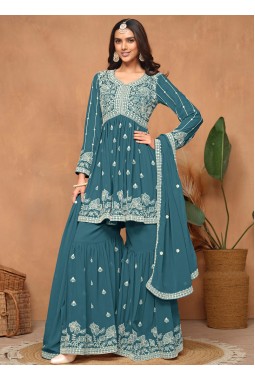 Azure Elegance Thread Embroidered Casual Salwar Kameez