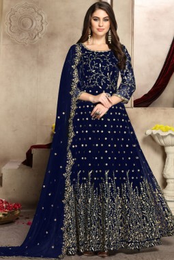 Navy Blue Georgette Embroidered Wedding Salwar Kameez