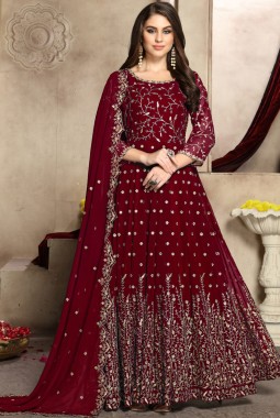 Maroon Georgette Embroidered Wedding Salwar Kameez