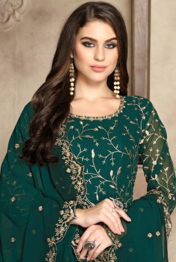 Teal Georgette Embroidered Wedding Salwar Kameez