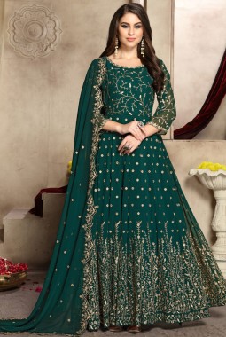 Teal Georgette Embroidered Wedding Salwar Kameez