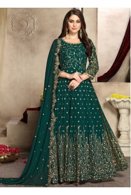Teal Georgette Embroidered Wedding Salwar Kameez
