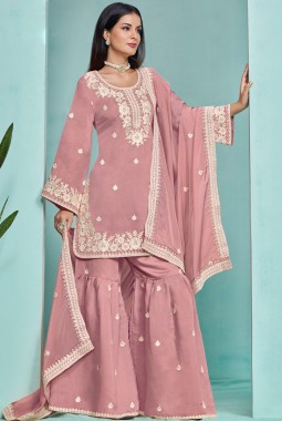 Pink Roman Silk Sequins Festive Wear Sharara Set